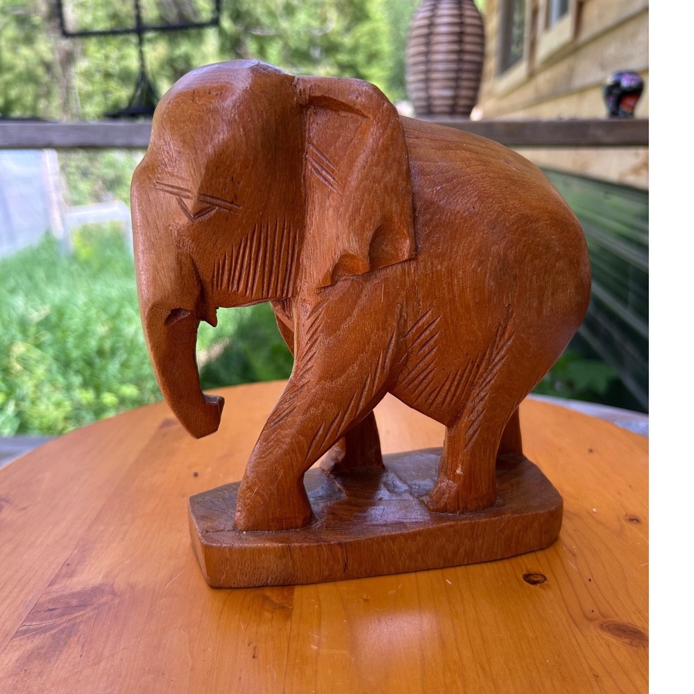 Vintage Hand Carved Teak Wood Elephant Figurine Statue Brown Home Decor 7" MCM